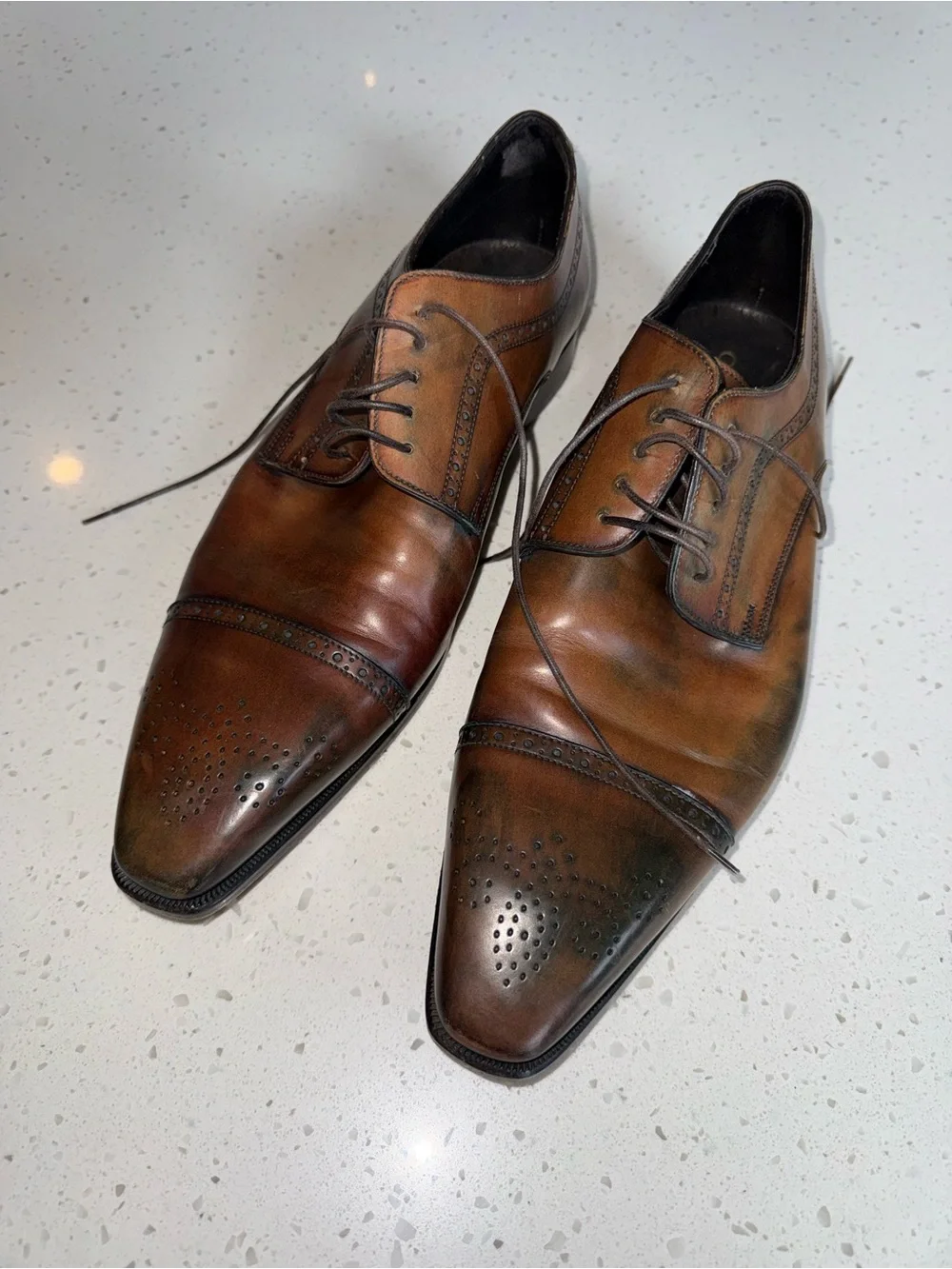 Canali Brown Burnished Leather Cap-Toe Derby Oxfords